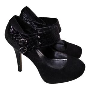 [H183] Bamboo Black Suede Double Strap Stiletto Heels, Size 8